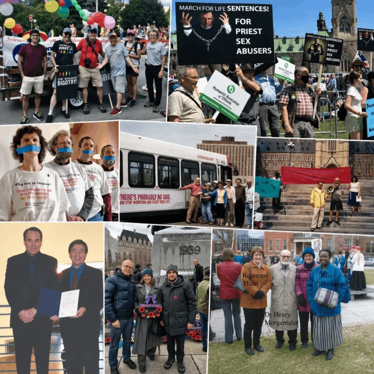 Collage showcasing Humanist Ottawa's community advocacy over the years, featuring Pride participation, public demonstrations, secular campaigns, remembrance ceremonies, educational events, and community members promoting human rights, equality, and freedom of belief in Ottawa.