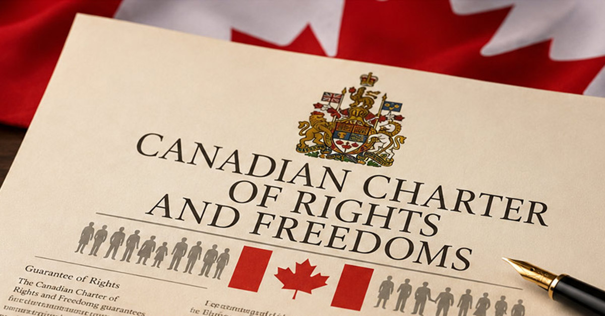 Close-up of the Canadian Charter of Rights and Freedoms with the Canadian flag, representing Canada's Constitution and civil rights.