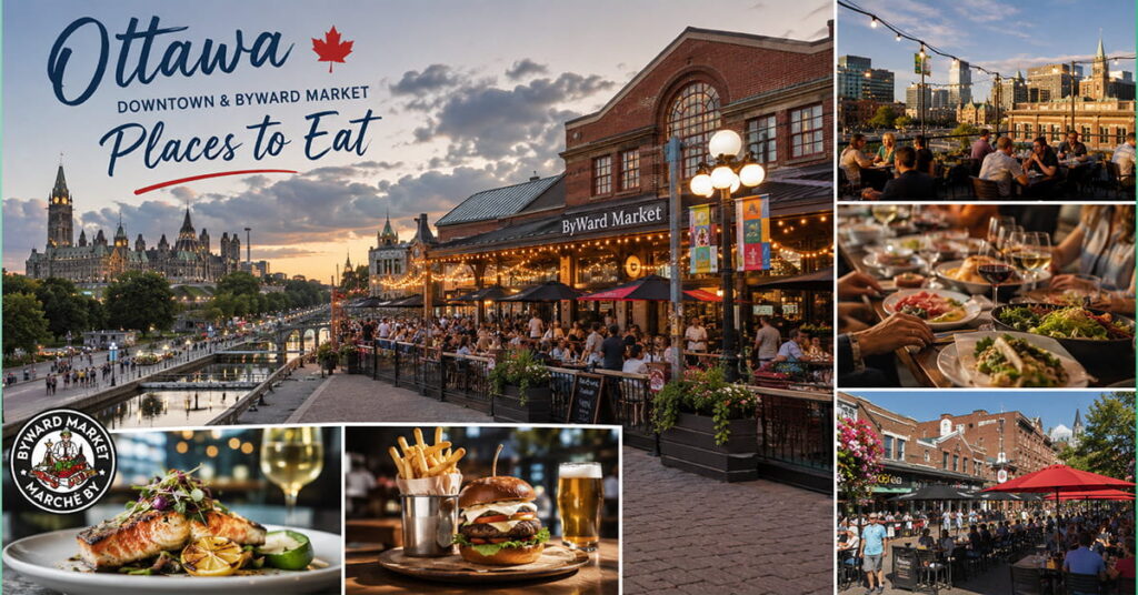Downtown Ottawa and ByWard Market dining scene featuring outdoor patios, Parliament Hill, the Rideau Canal, rooftop restaurants, gourmet cuisine, and vibrant local food experiences.