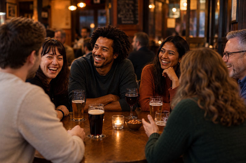 diverse group of people sitting in a pub having a discussion
