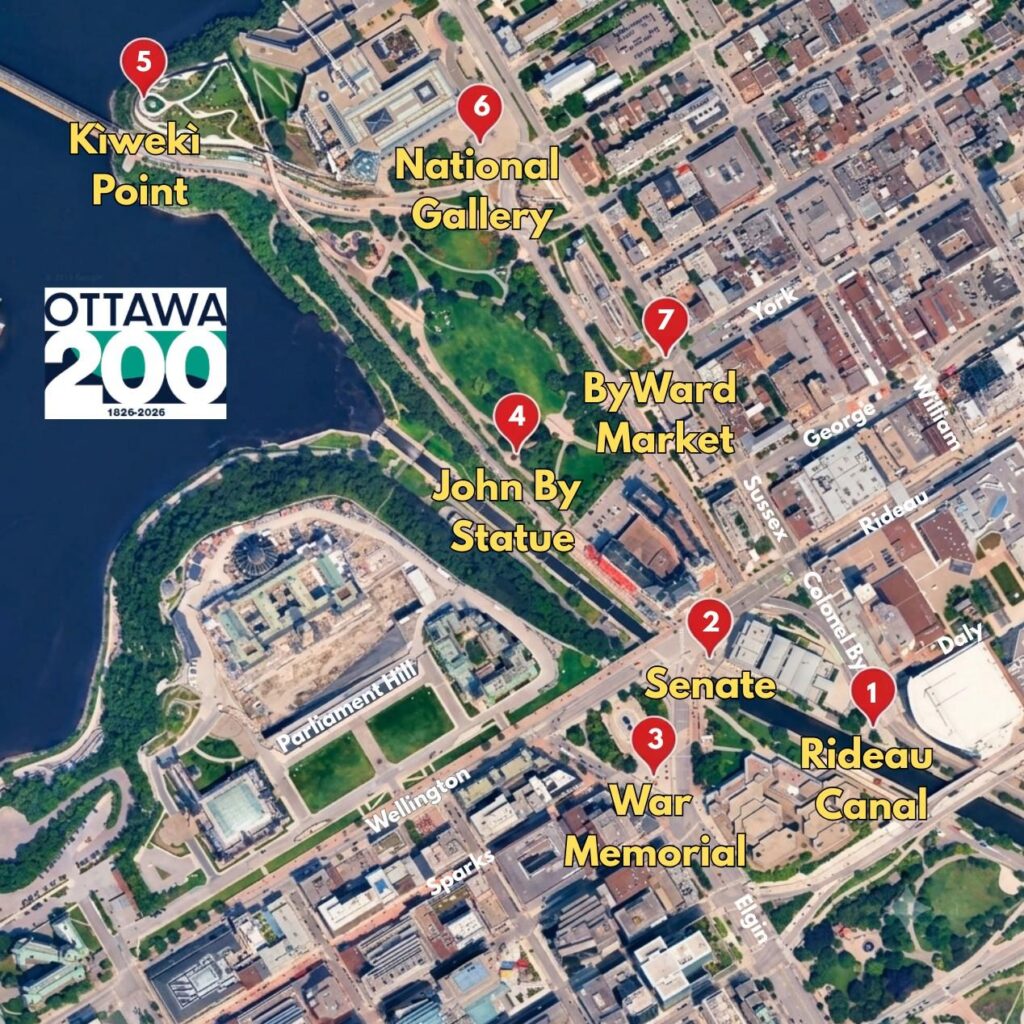HO walking tour route map with numbers on the map indicating the stops each tour stopped at to showcase the history of Ottawa